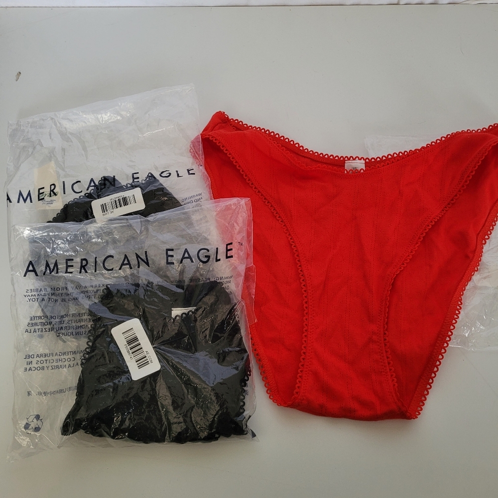 NWT AERIE 3 High Cut Bikini Underwear Size L Red Black Navy Cotton Blend